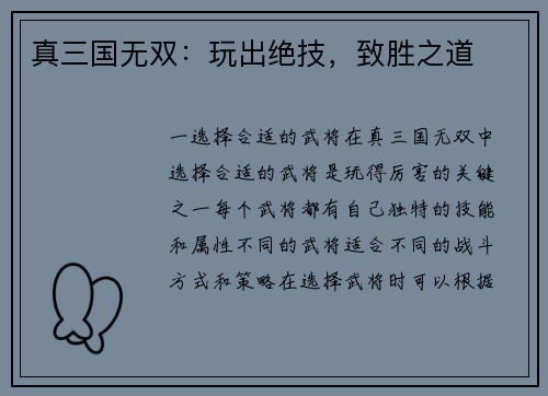 真三国无双：玩出绝技，致胜之道